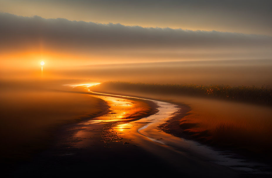 Golden sunrise over misty winding road