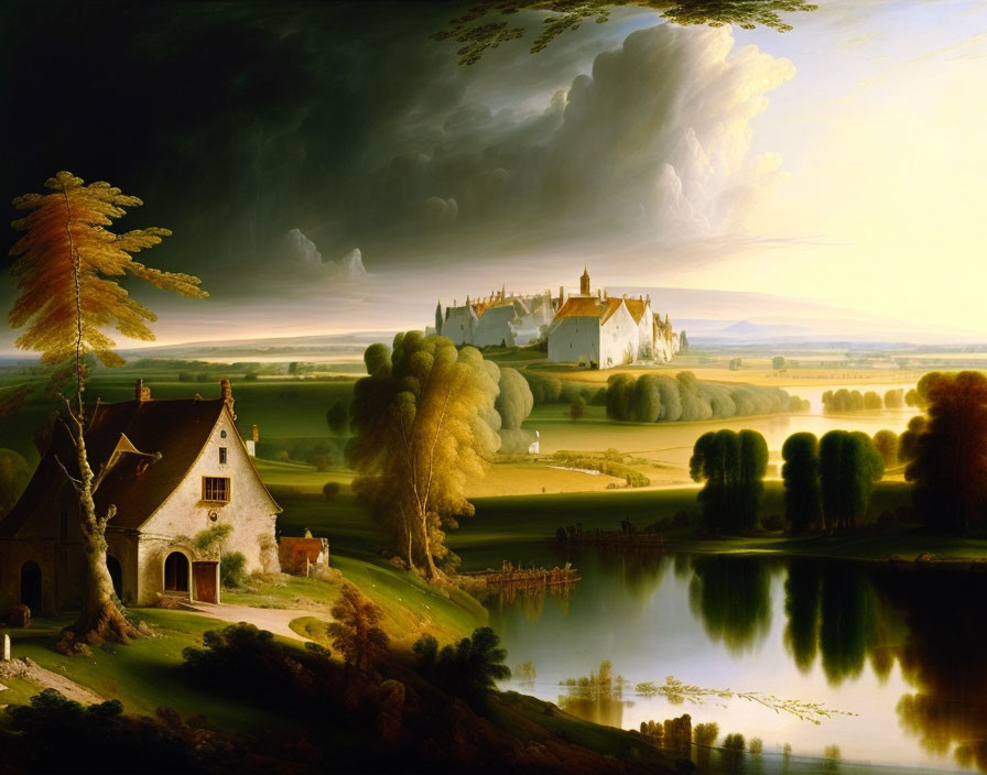 Tranquil landscape with castle, cottage, trees & lake