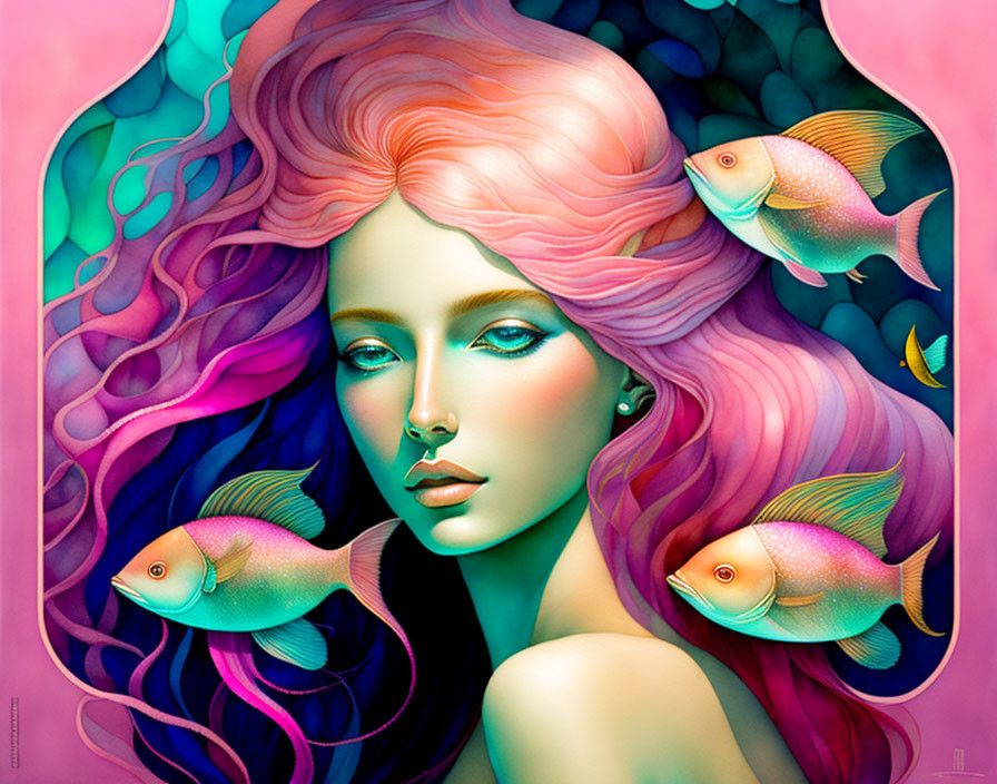 Illustrated Female with Pastel Hair and Fish on Pink Teal Gradient