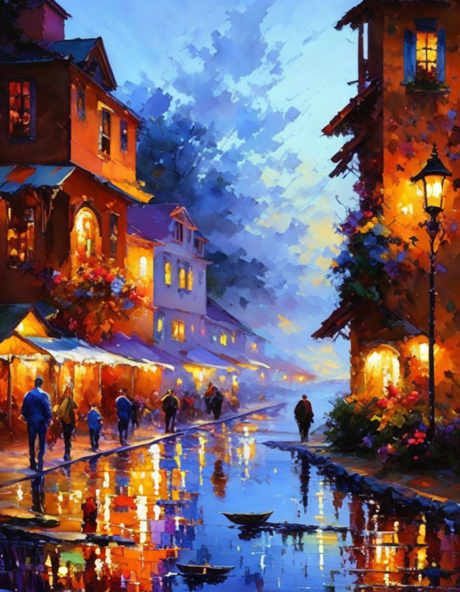 Vibrant painting of bustling street at dusk with illuminated buildings