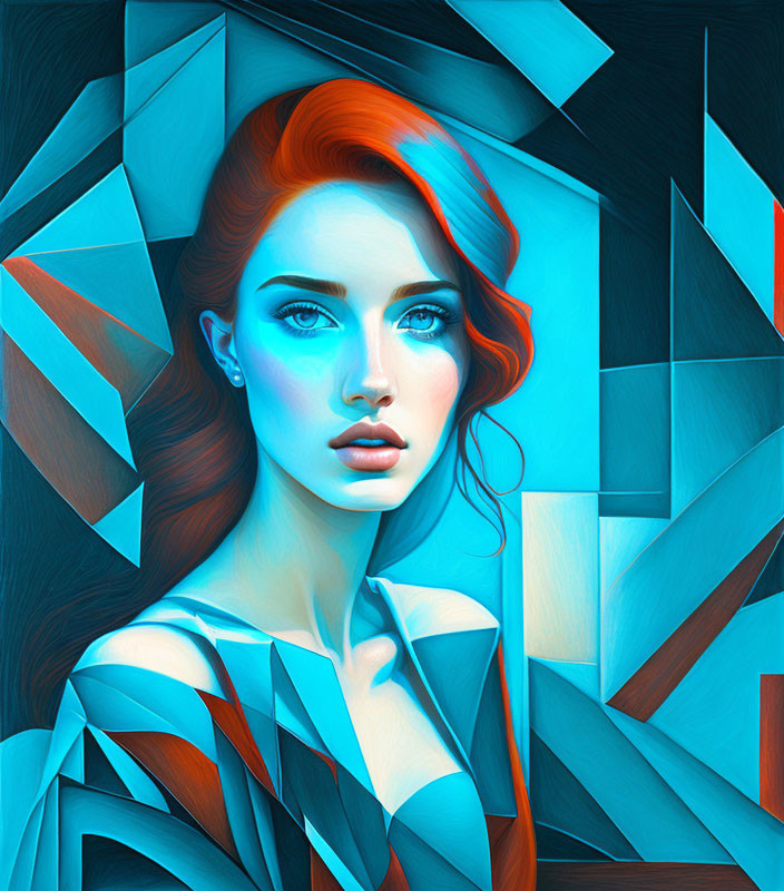 Stylized portrait of woman with red hair and blue skin on geometric blue background