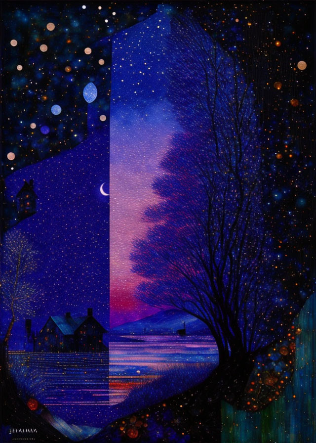 Nighttime painting featuring crescent moon, starry sky, tree silhouette, houses, water