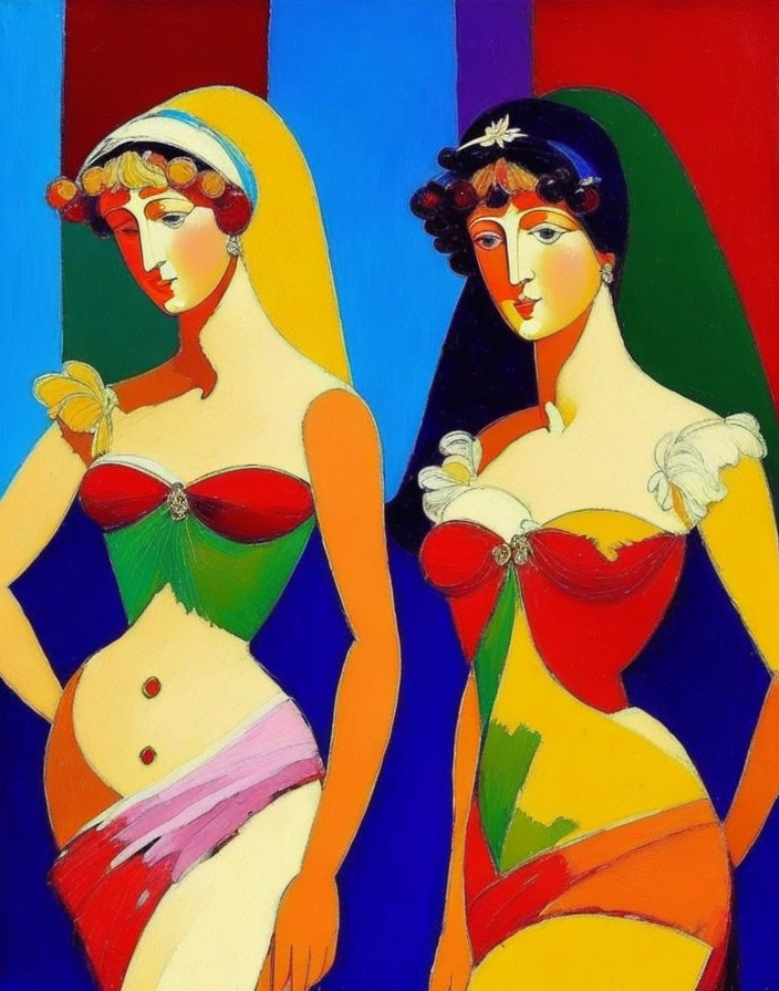 Colorful Stylized Female Figures with Fruit Headpieces on Blue and Red Background