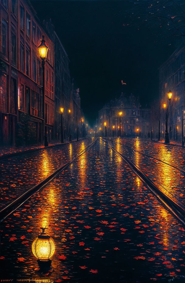 City street at night with wet cobblestones, tram tracks, and autumn leaves.