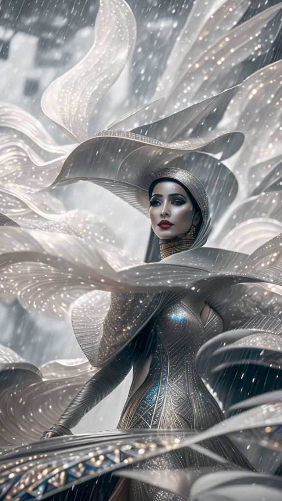 Futuristic woman in metallic attire amidst falling snow