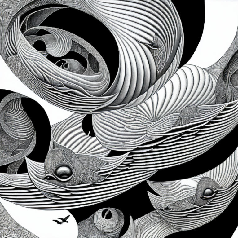 Monochrome abstract artwork with wave-like patterns and surreal landscape elements