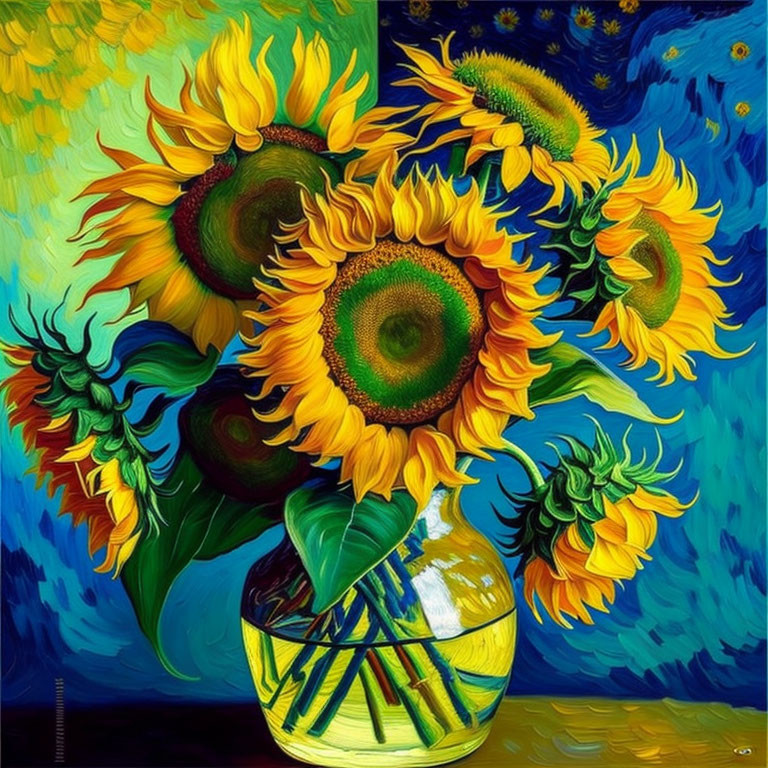 Sunflower painting in yellow vase with blue and green background