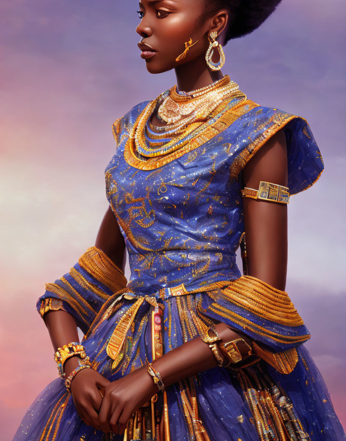 Traditional Blue and Gold Attire with Intricate Embroidery and Ornate Jewelry