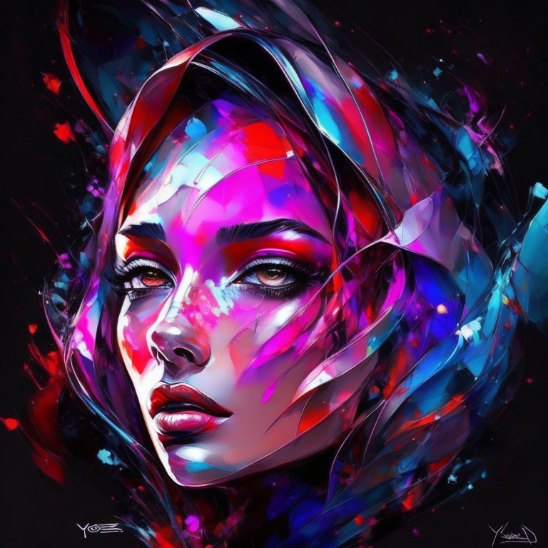 Colorful Abstract Digital Portrait of Woman with Swirling Elements