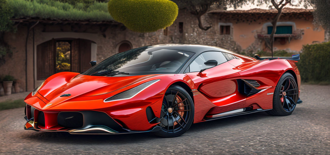 Red Sports Car Parked in Front of House with Trimmed Hedge