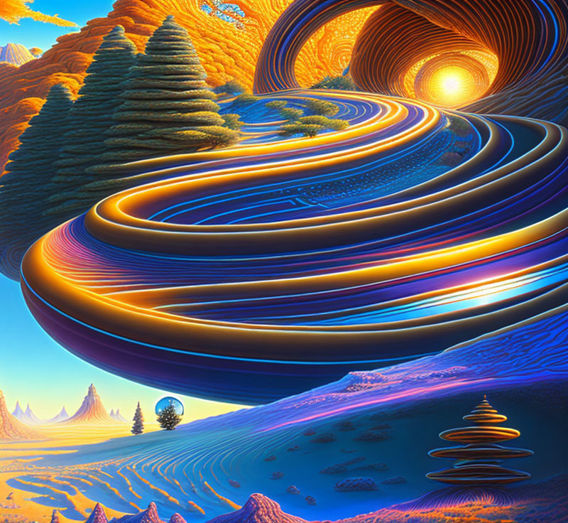 Colorful surreal landscape with swirling patterns and stacked geological formations