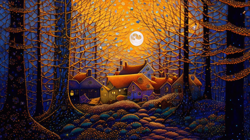 Vibrant painting: village in forest under starry sky.