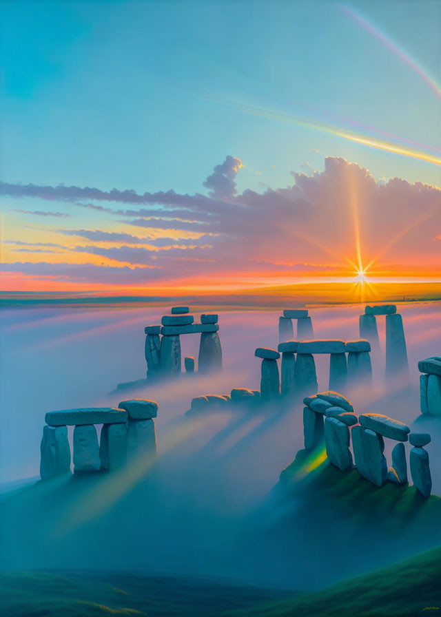 Stonehenge painting: Dramatic sunset with golden rays over mystical stones