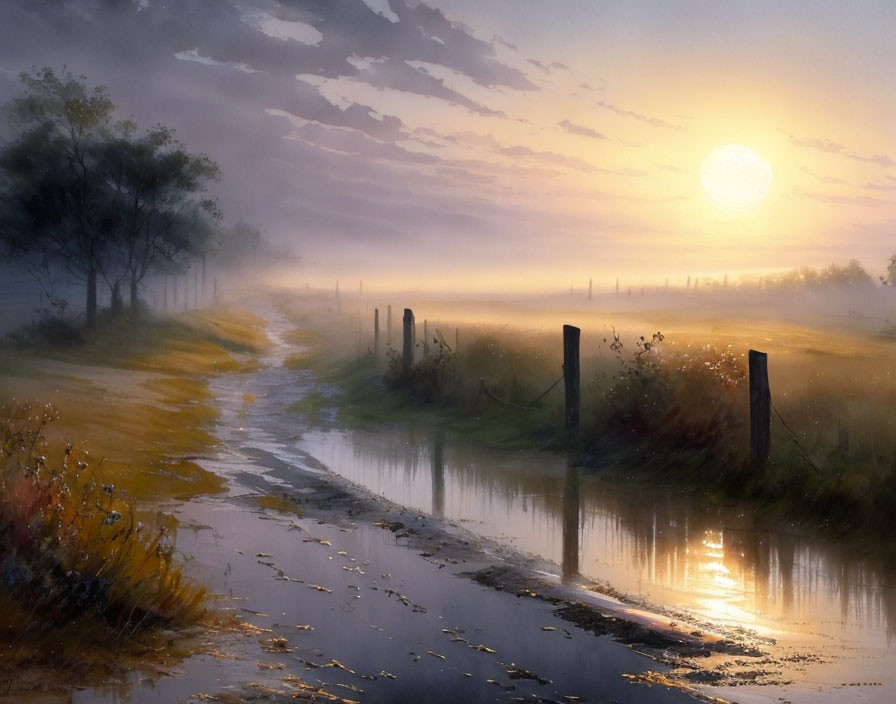 Misty sunrise countryside with sunlit path, grass, and fence