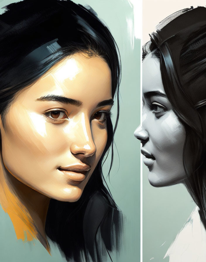 Detailed Portrait: Woman in Color & Grayscale, Side View