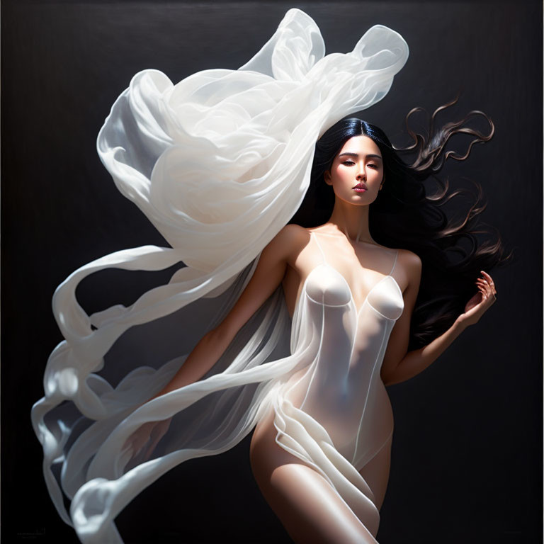 Dark-haired woman in flowing white fabric, posed gracefully in soft light