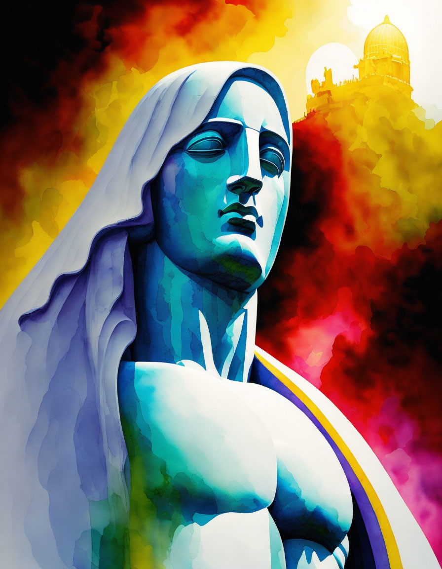 Vivid artistic portrayal of a sorrowful figure against colorful background