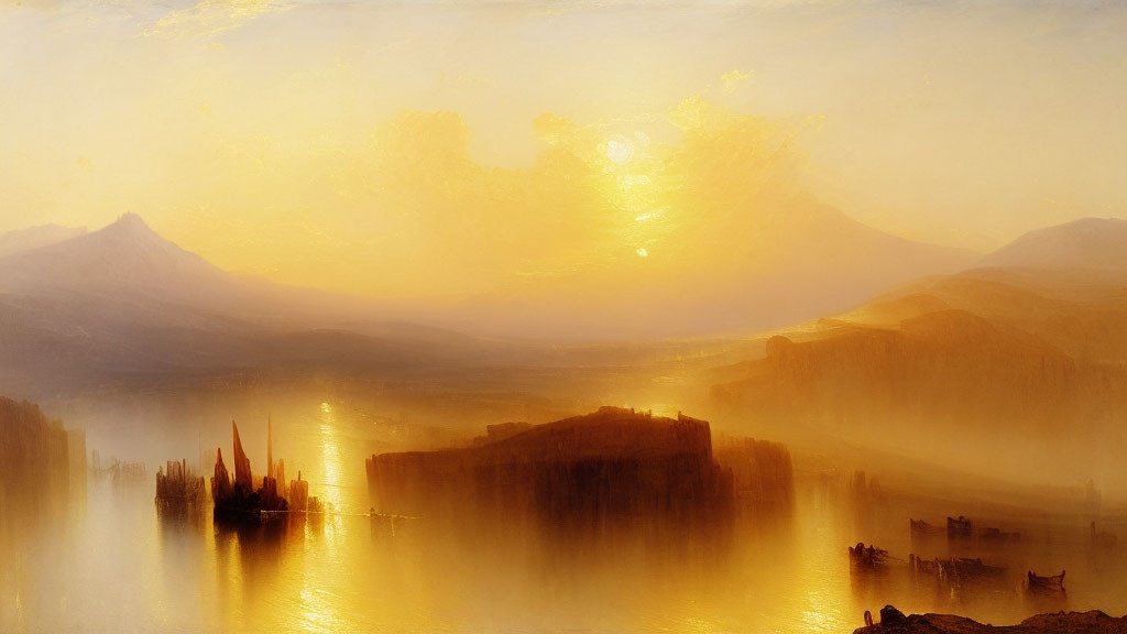 Tranquil sunrise scene: misty landscape, snow-capped mountains, calm lake, boats,