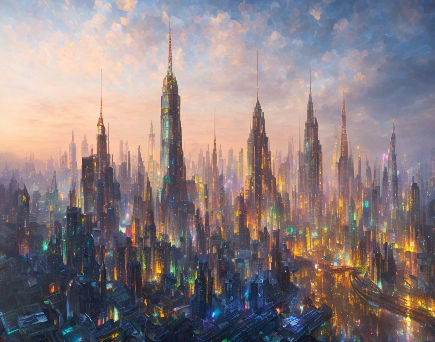 Vibrant futuristic cityscape with towering skyscrapers at dusk