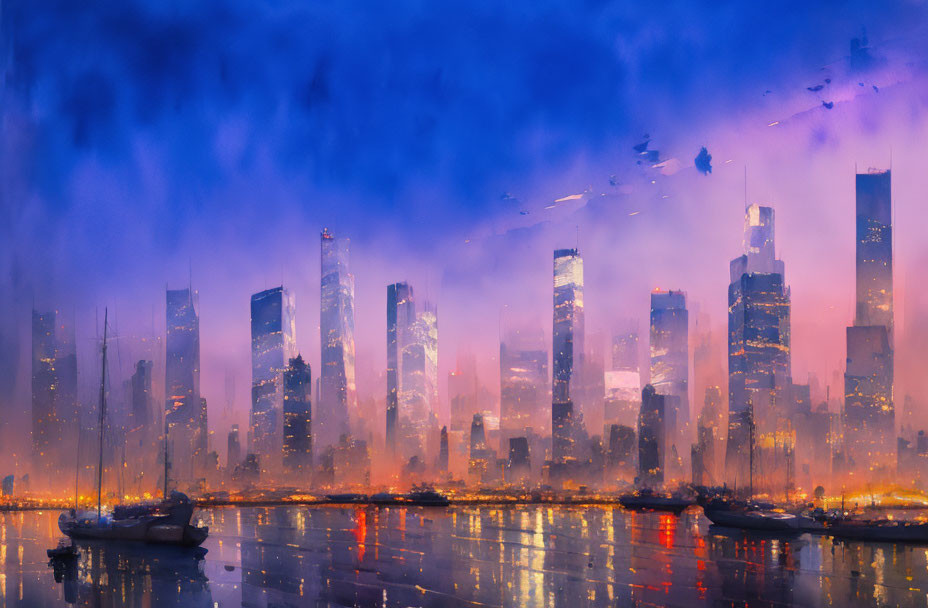 Vibrant cityscape at dusk with misty skyscrapers and birds in silhouette