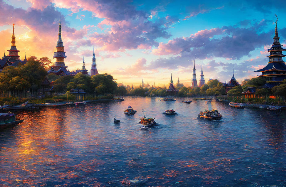 Traditional Asian cityscape at sunset with pagodas, river boats, and vibrant clouds.