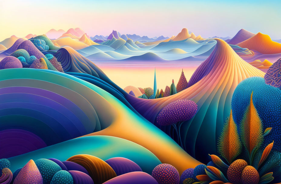 Colorful digital art landscape with flowing terrains and pastel sky