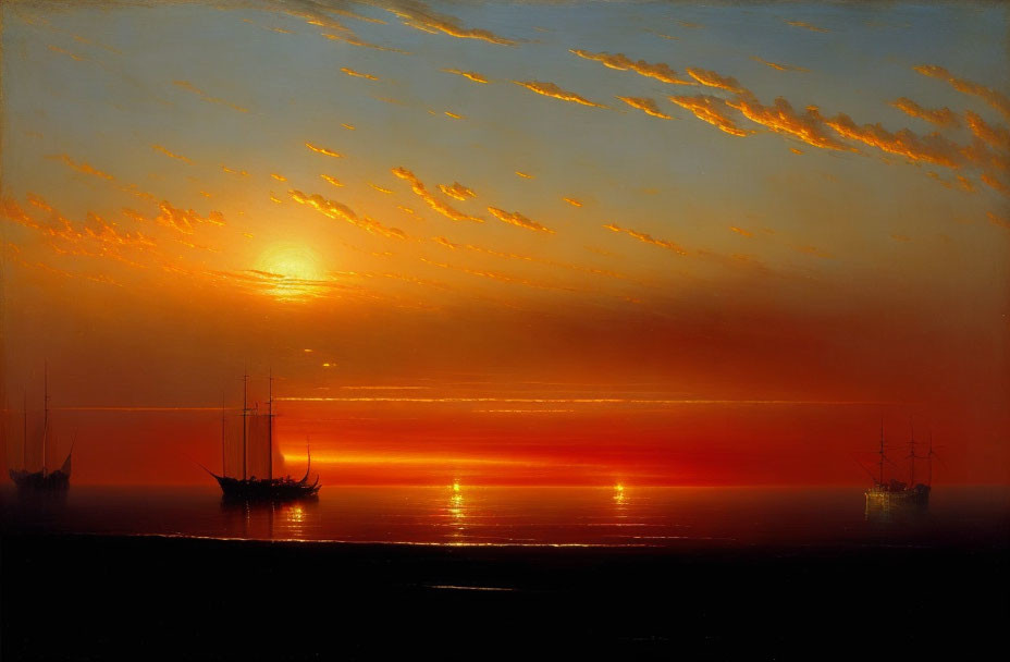 Sunset painting with golden sky, clouds, sun, calm sea, and sailing ships.