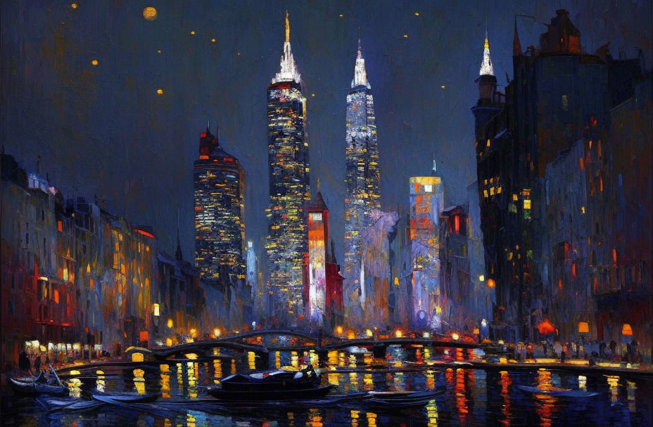 Vibrant cityscape painting: bustling city at night, illuminated skyscrapers, water reflection,