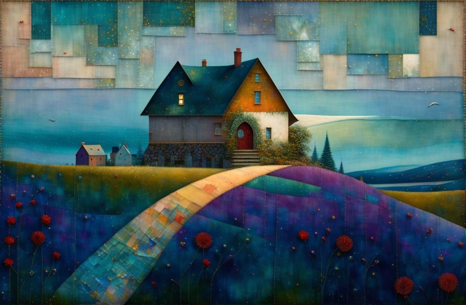 Colorful House on Green Hill Surrounded by Patchwork Sky