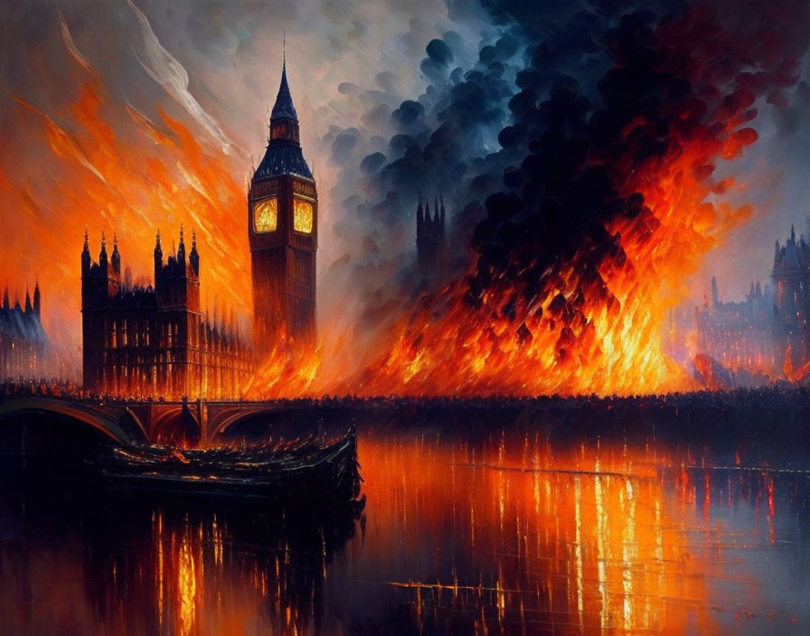 Illustration of Big Ben and Houses of Parliament on fire with Thames reflections