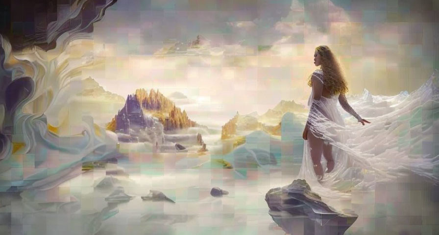 Woman in flowing dress gazes at dreamlike landscape