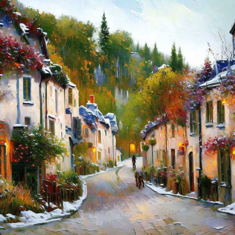 Colorful village street painting with cycling figure and forested hill