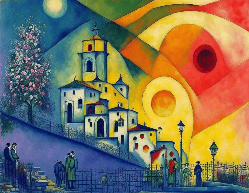 Abstract village scene painting with church, sun, moon, conversing people, and blossoming tree.