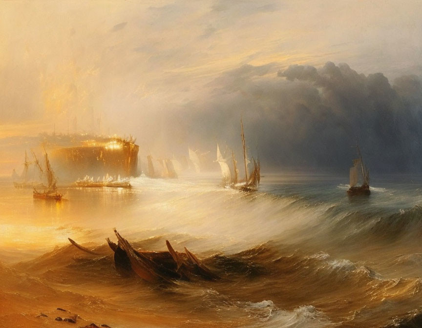 Maritime painting: Ships battling rough seas near coastline