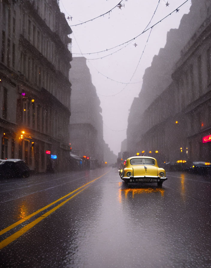 Vintage Car Parked on Snowy Street with Reflecting Lights and Tall Buildings