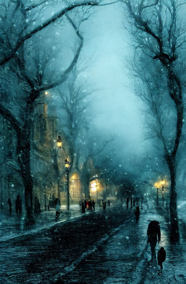 Snowy Twilight Street Scene with Pedestrians and Street Lamps