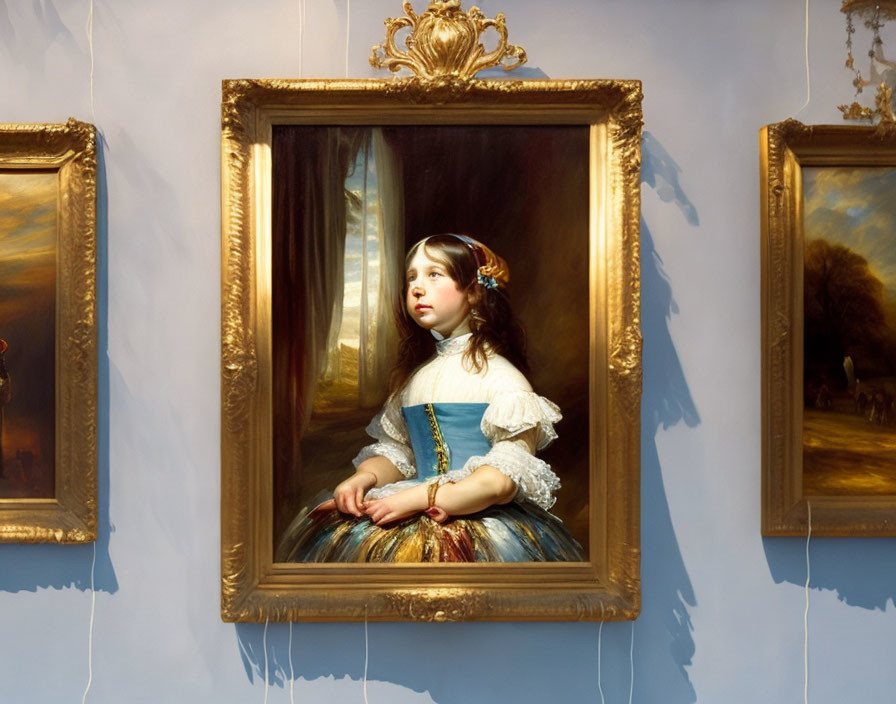 Young girl in blue dress painting displayed in gallery setting