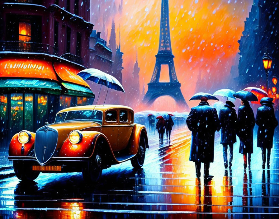 Paris Rainy Day Scene: People with Umbrellas, Vintage Car, Eiffel Tower