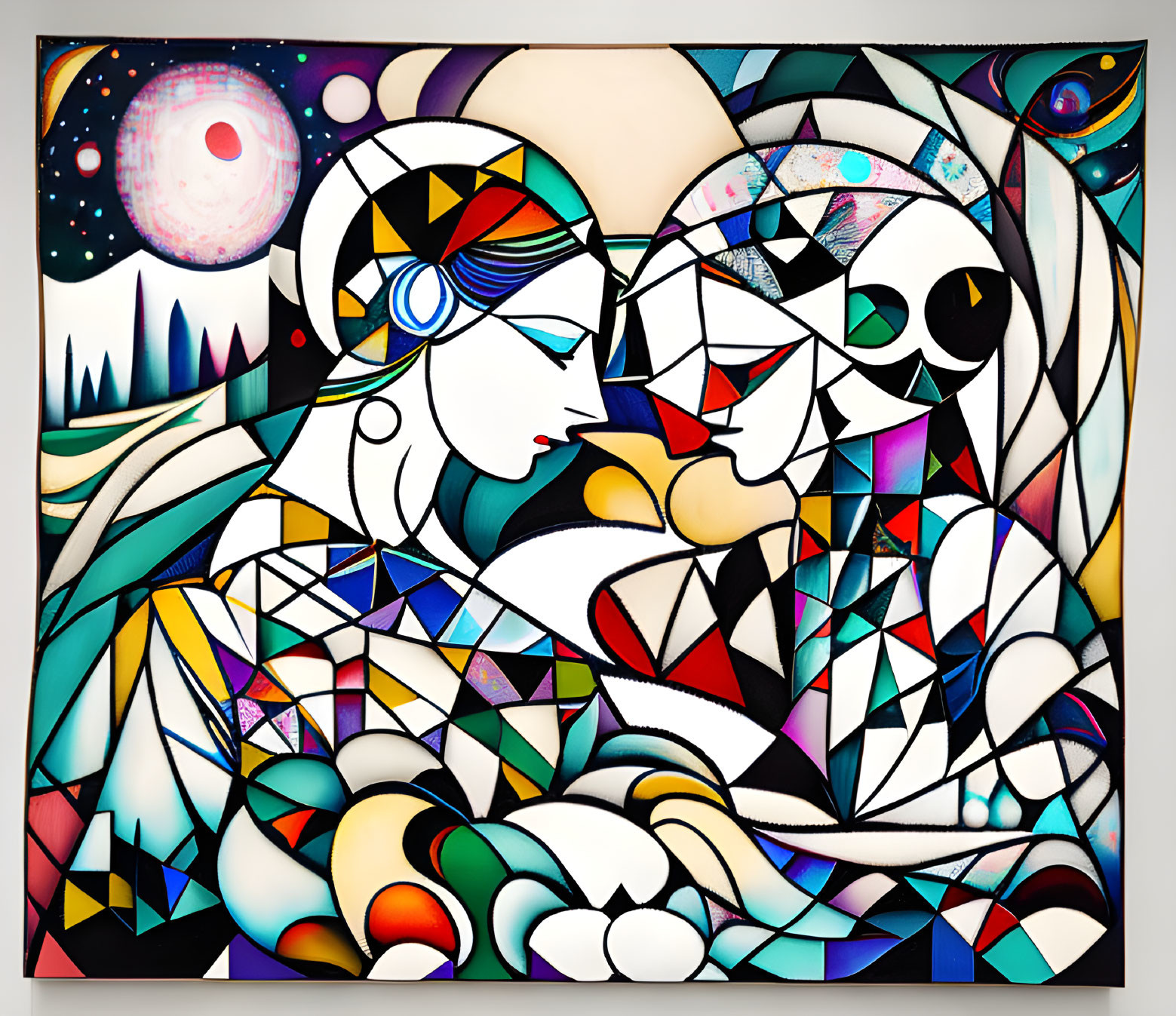 Vibrant Abstract Painting: Geometric Patterns, Human Figures, Nature, Celestial Background