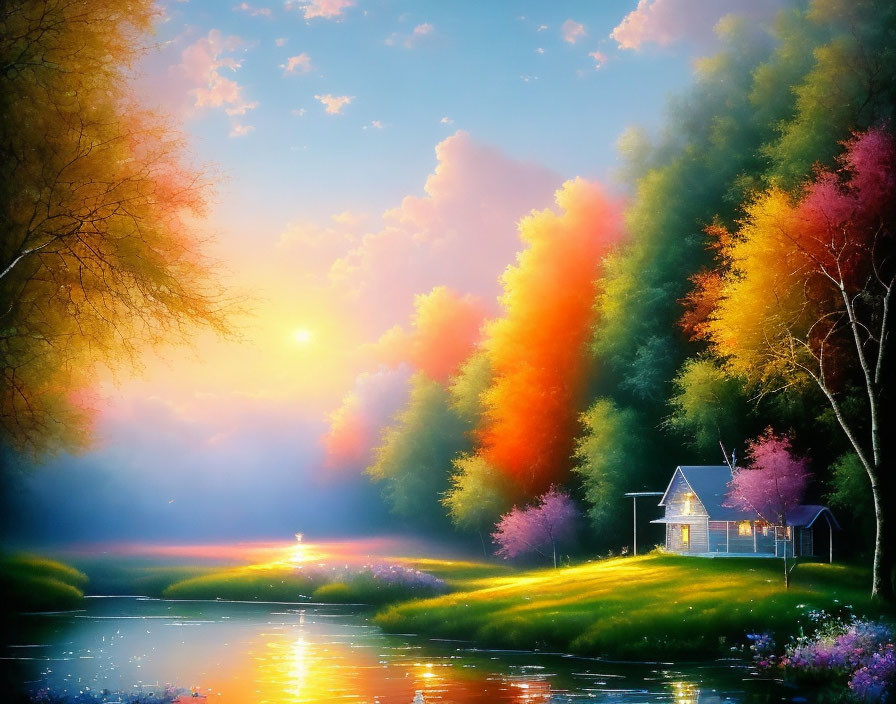 Tranquil autumn landscape with misty river and cozy house