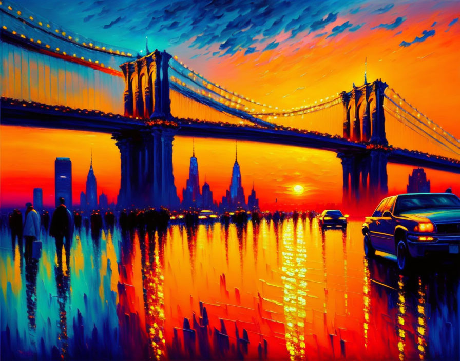 Brooklyn Bridge and NYC skyline painting at sunset with reflections and silhouettes