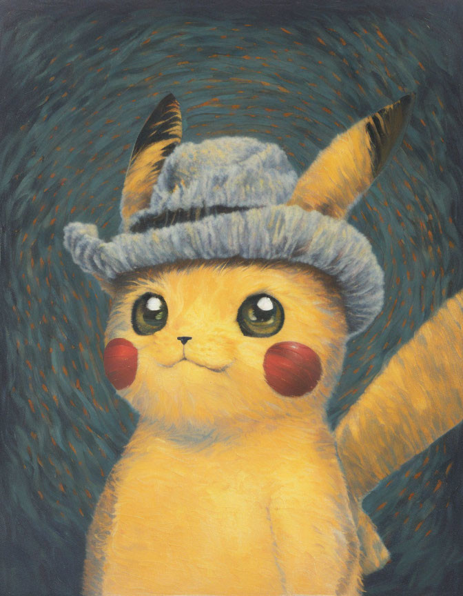 Pikachu in blue hat with swirling background inspired by Van Gogh