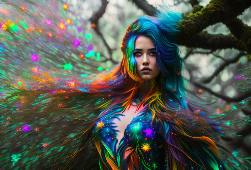 Colorful woman with body art in mystical forest