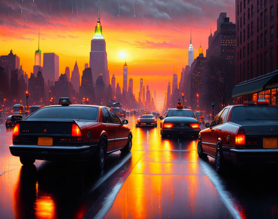 Vivid sunset over wet city street with cars and skyscrapers