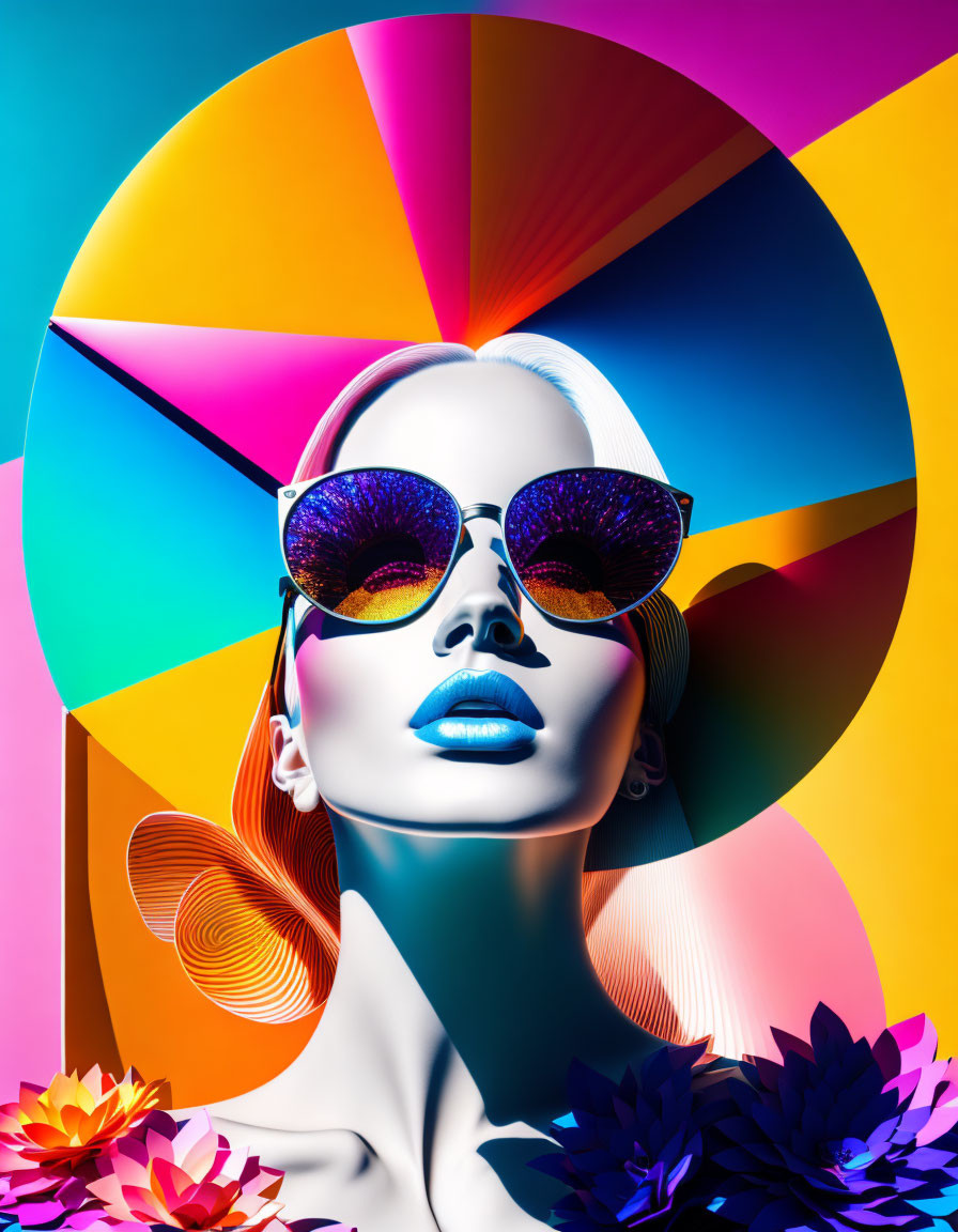 Blue-skinned woman with sunglasses and bold lipstick on colorful floral background