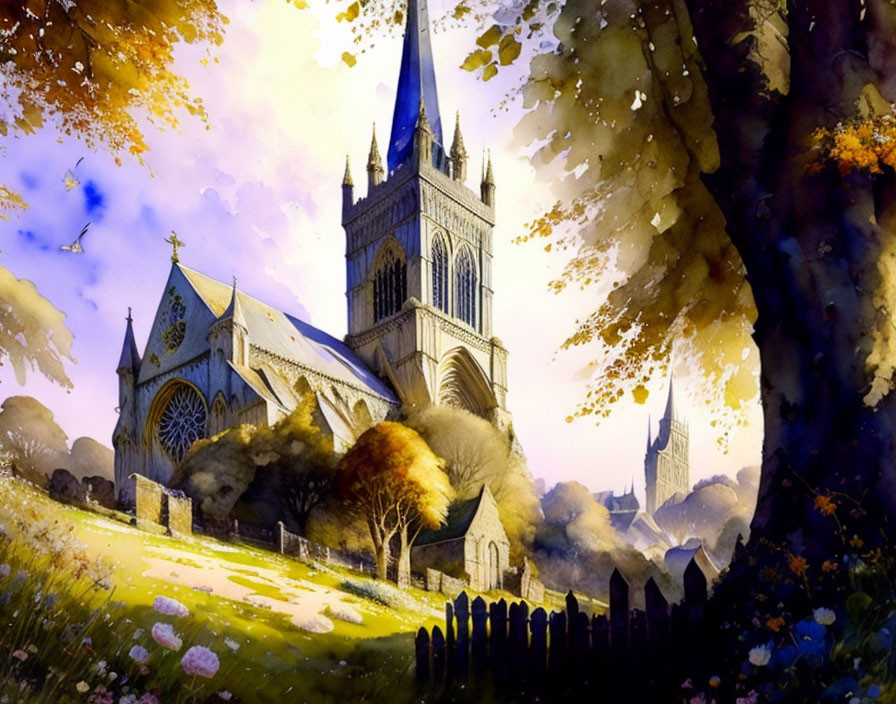 Vibrant gothic church in autumn setting with birds and bright sky