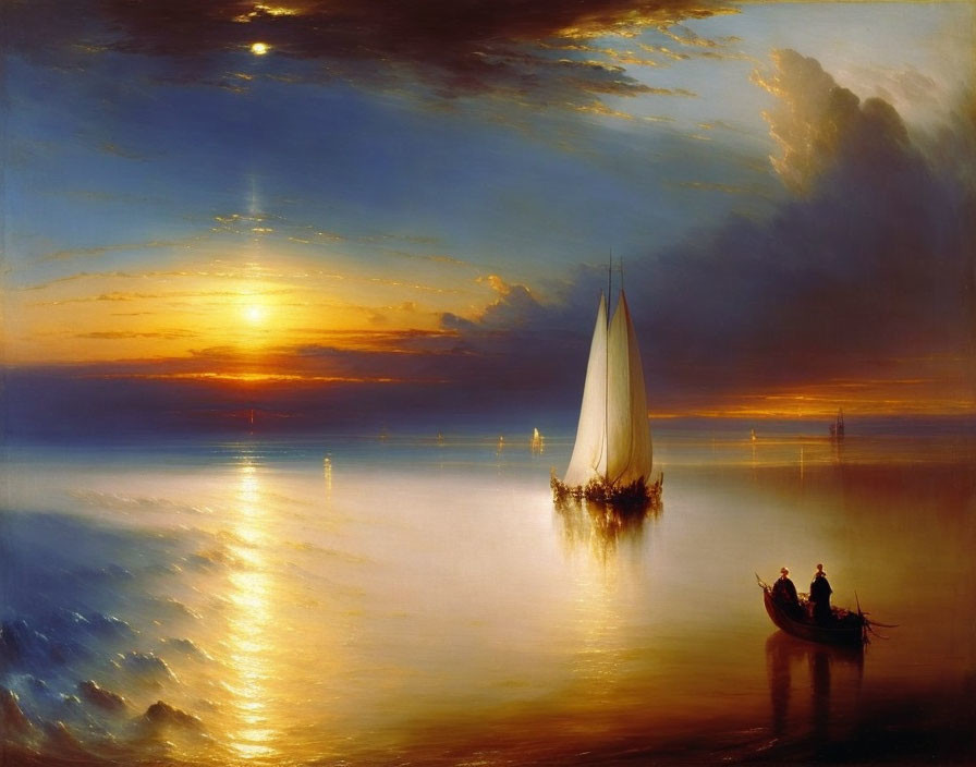 Sailboat painting: calm waters, sunset, golden hues, rowboat