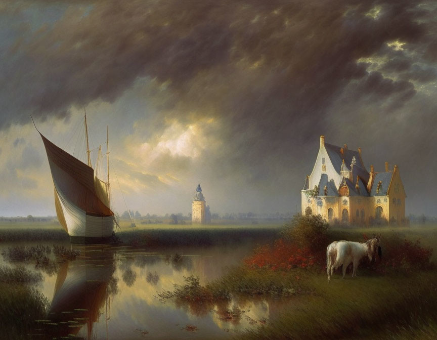 Sailboat near gothic castle at dusk with grazing cow and dark clouds