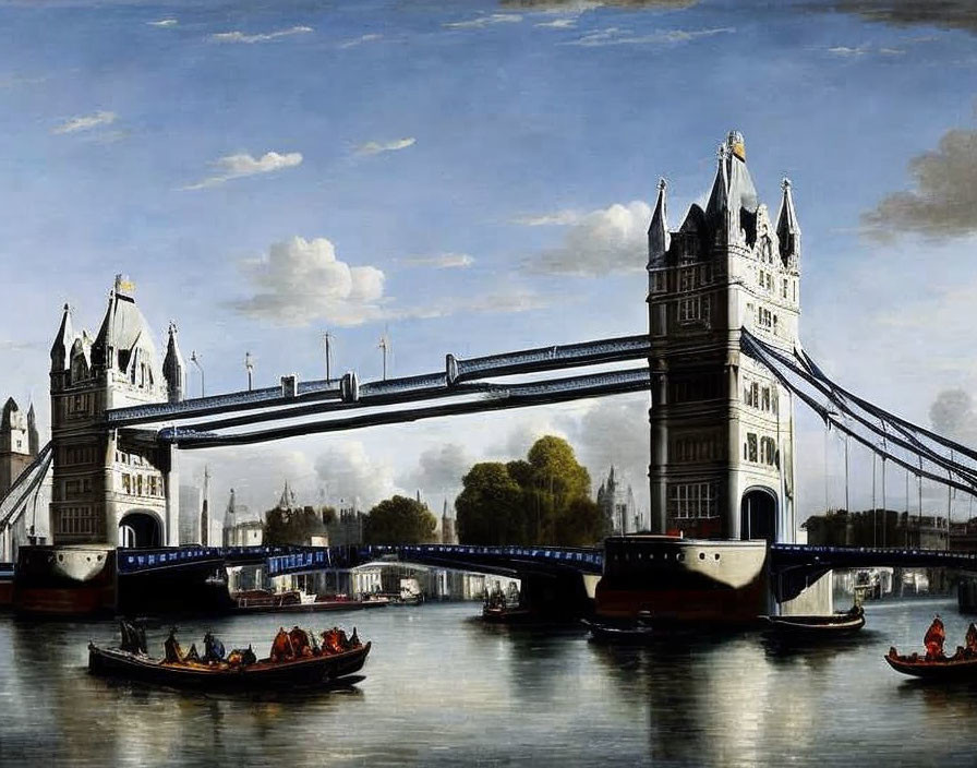 London Tower Bridge Painting with River Thames Boats under Blue Sky