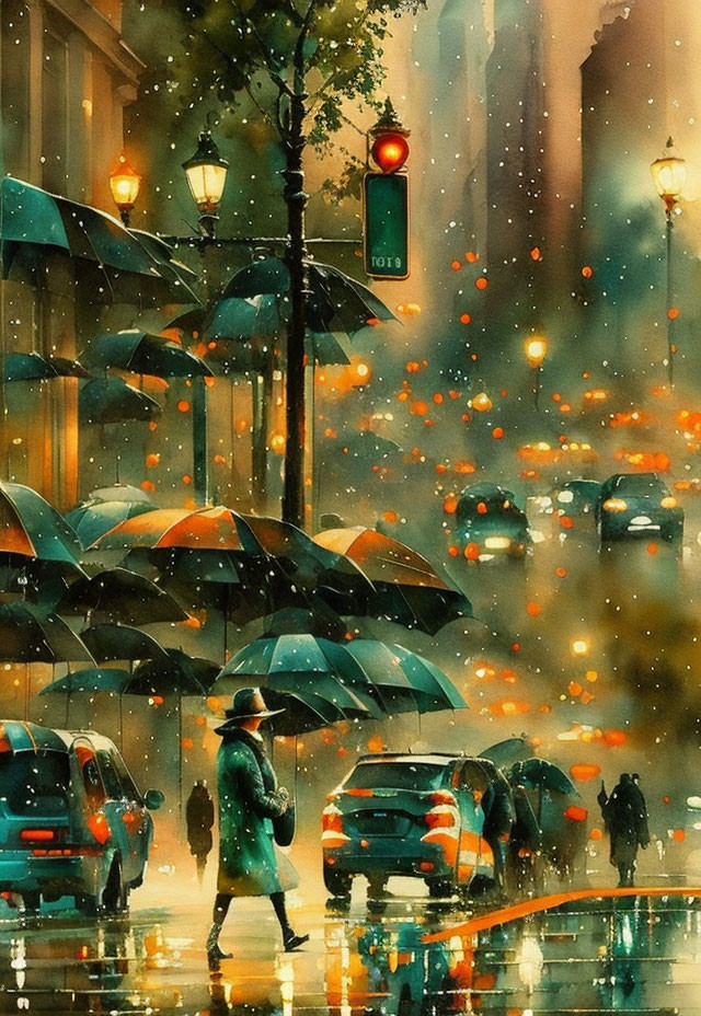 Rainy city street scene with person holding umbrella